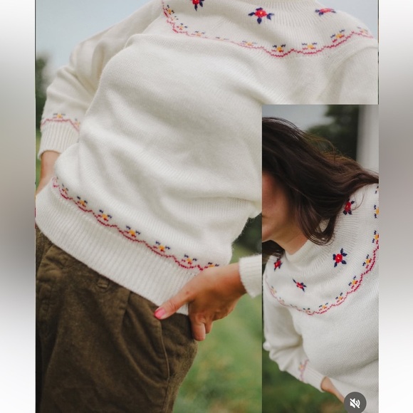 Vintage ‘80s White Crewneck Sweater with Floral Embroidery Women XL Cottagecore - Picture 9 of 9